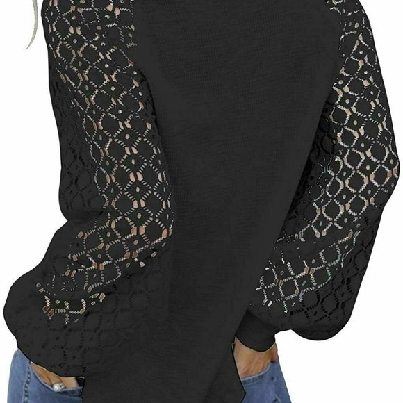Women Long Sleeve Tops Lace Casual Loose Blouses T Shirts Round Neck Stitching - Picture 1 of 8